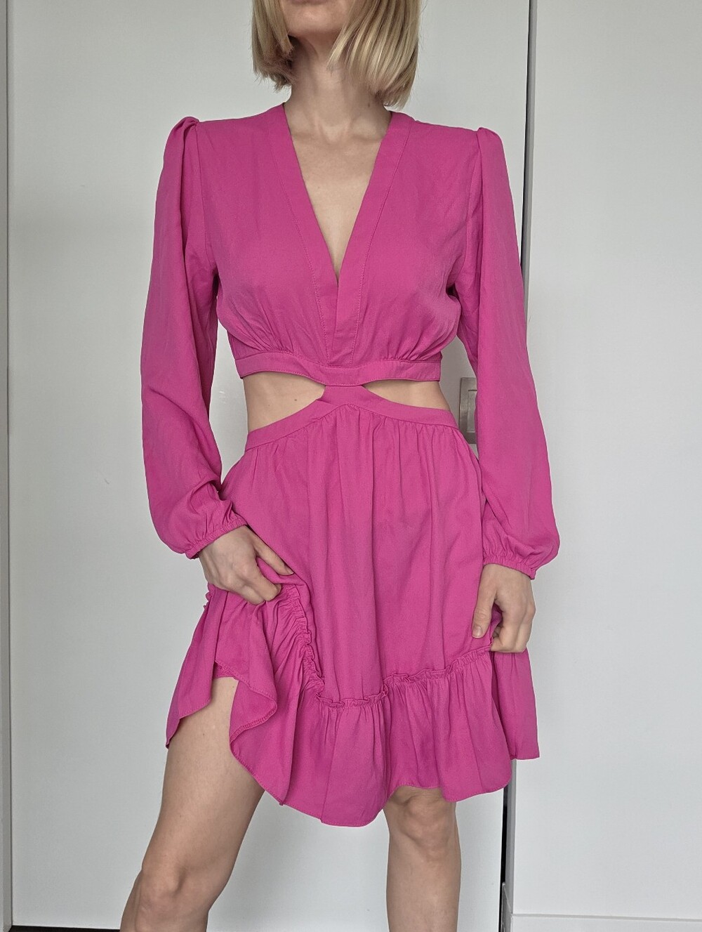 Fuchsia Cutout Long-Sleeve Mini Dress